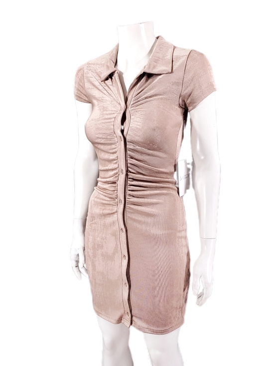 Dresses & Skirts - Ruched Slinky Andy Metallic Taupe Button Down Shirt Mini Dress With Jean